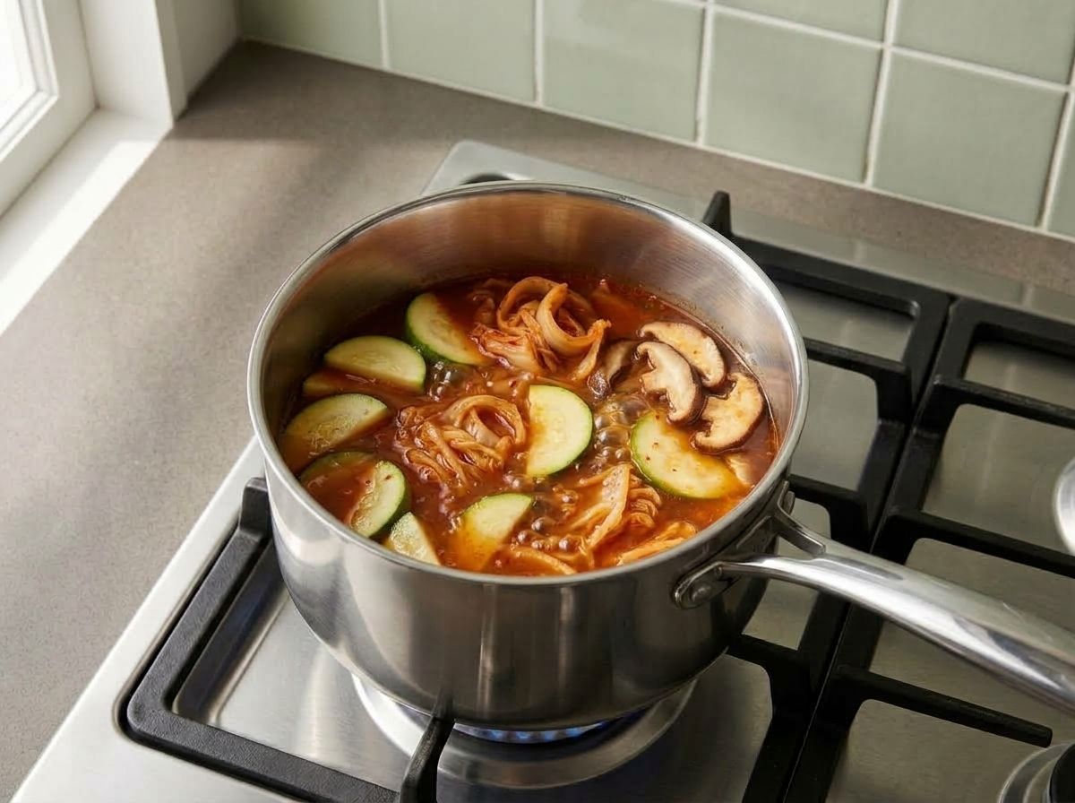Zucchini half-moons, kimchi and shiitake simmering in a thin brick-red broth