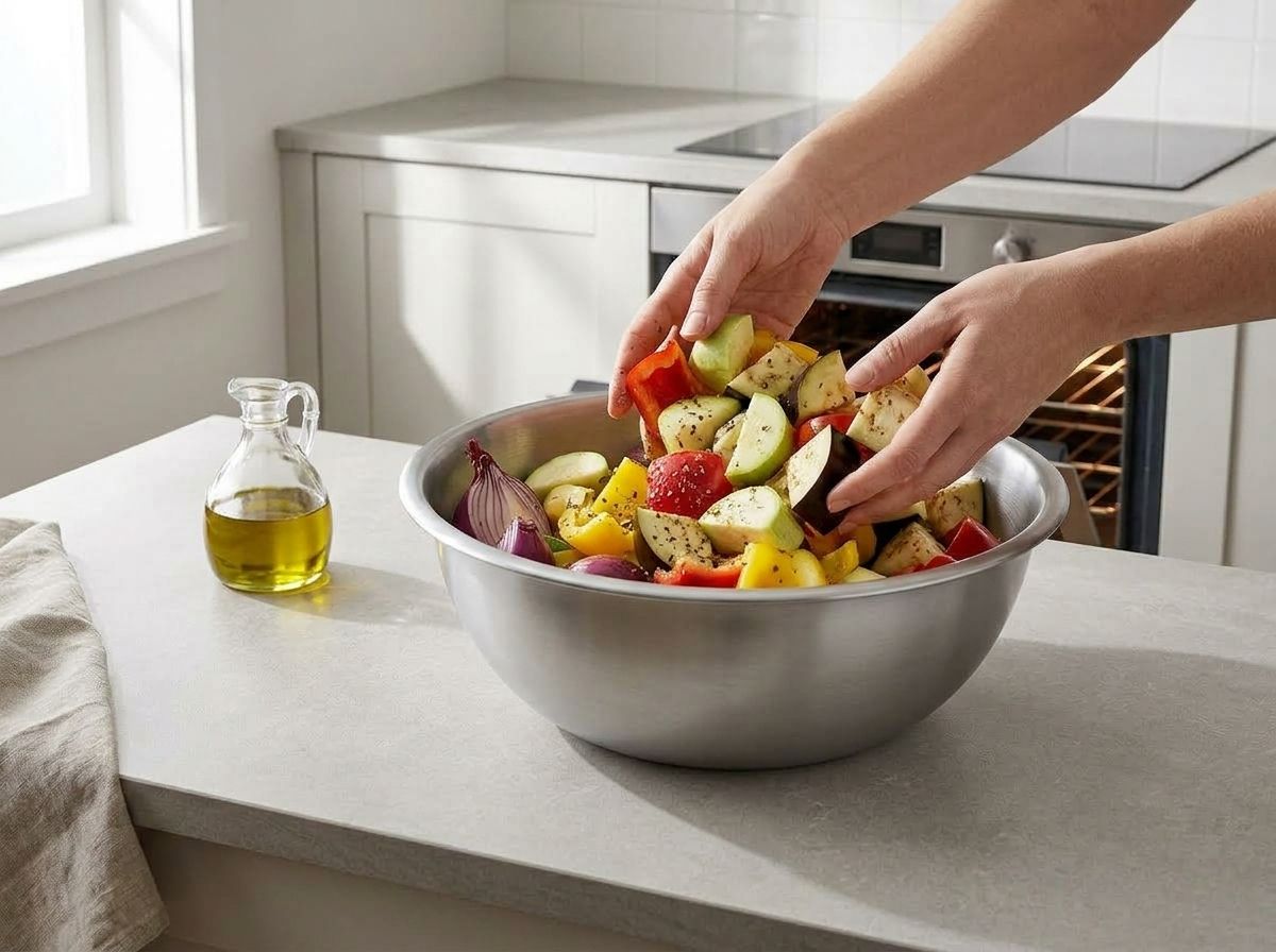 Hands tossing chunks of pepper, zucchini, eggplant and red onion in a steel mixing bowl until every piece is glossy with olive oil and oregano