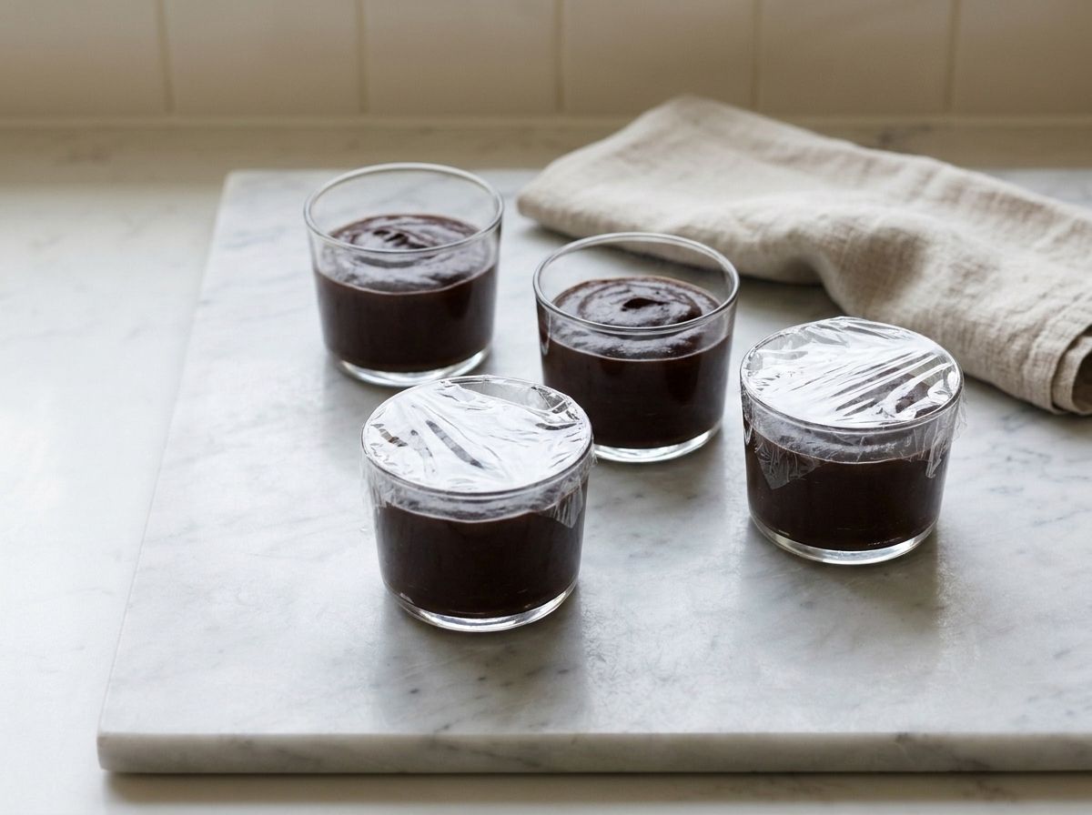 The mousse portioned into four small glasses, cling film pressed flat onto the surface before chilling