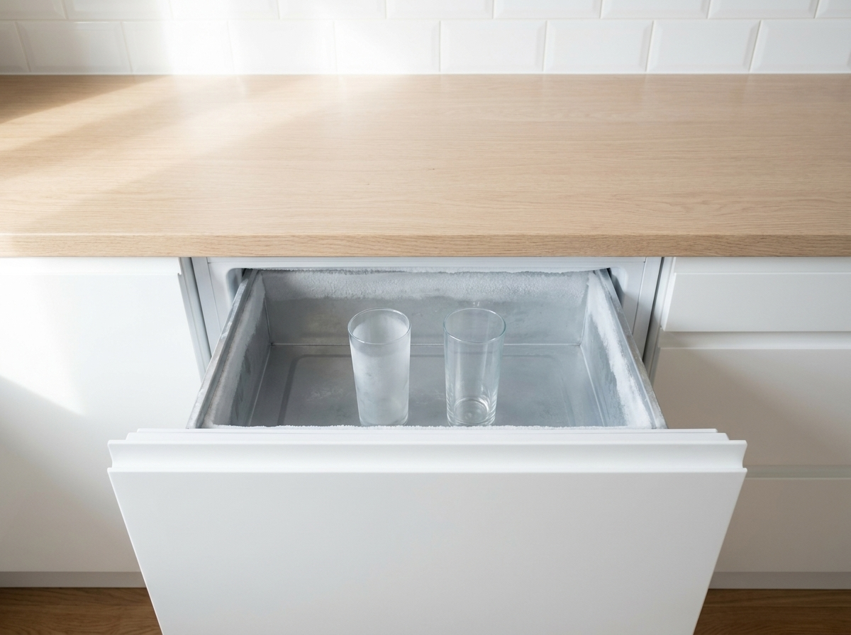 Two tall glasses set inside an open under-counter freezer drawer to chill, starting to frost over