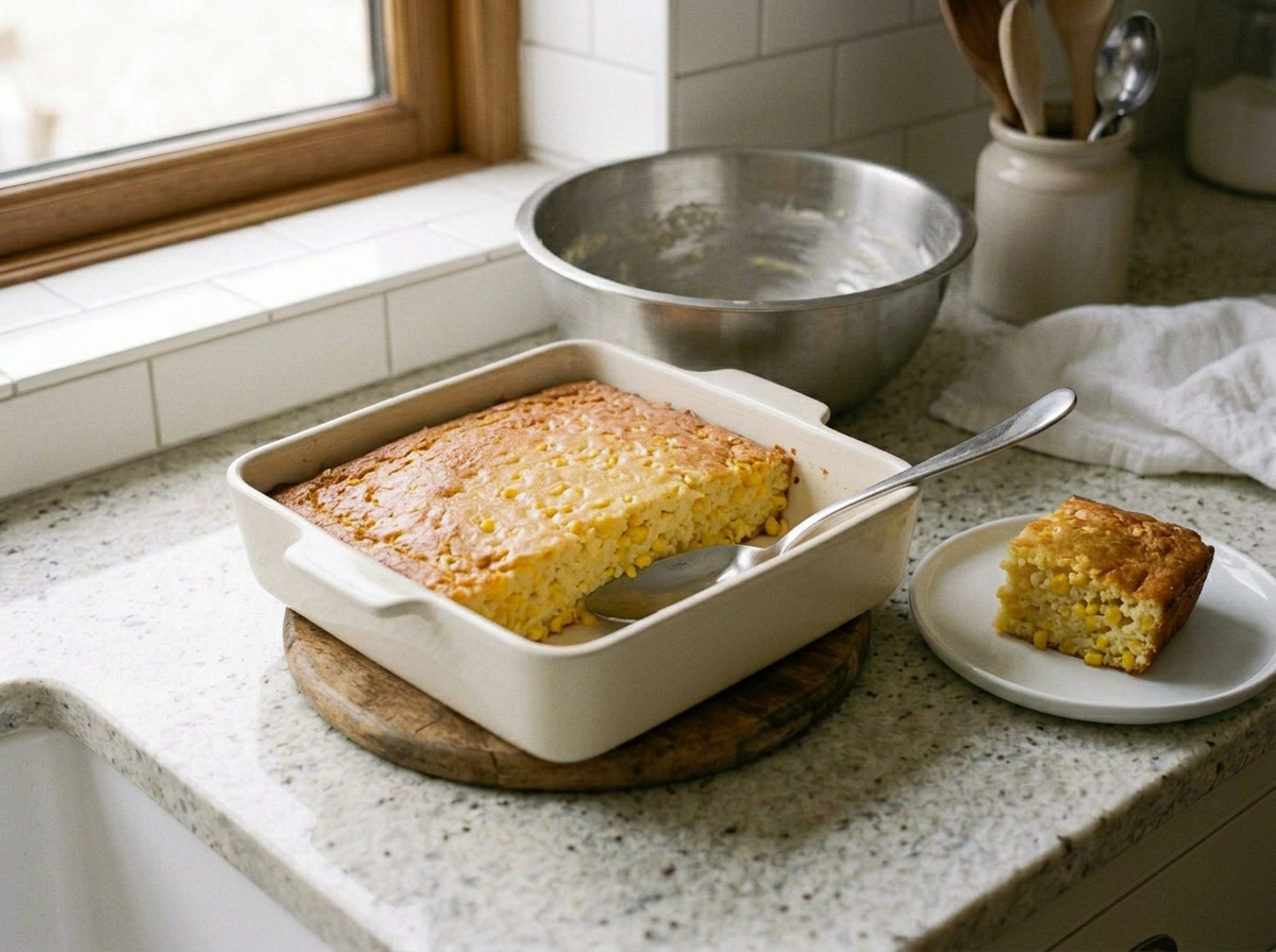 The rested corn casserole with one corner portion lifted onto a plate, showing the soft pale set inside.