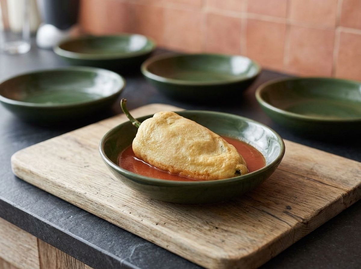 A chile relleno served in a shallow bowl of thin red caldillo