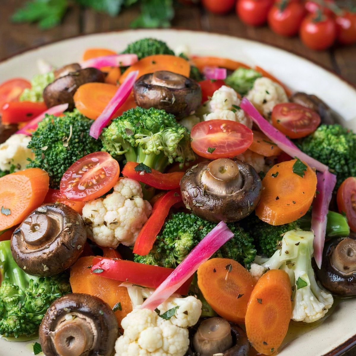 Marinated vegetable salad in a cream bowl: broccoli, cauliflower, carrot slices, dark marinated mushrooms, red pepper and pink pickled onion with halved cherry tomatoes