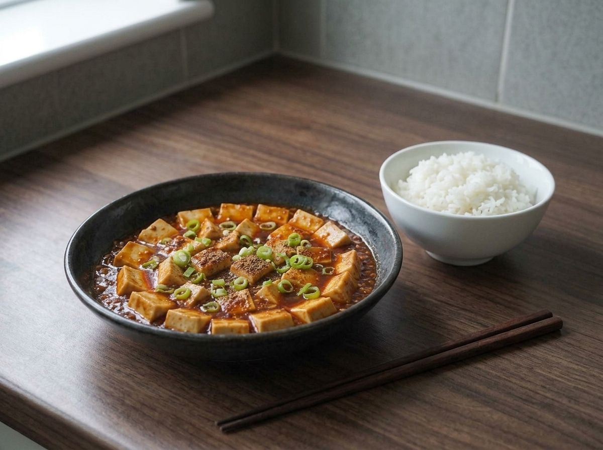Vegan mapo tofu served in a dark bowl beside a separate bowl of plain steamed white rice.