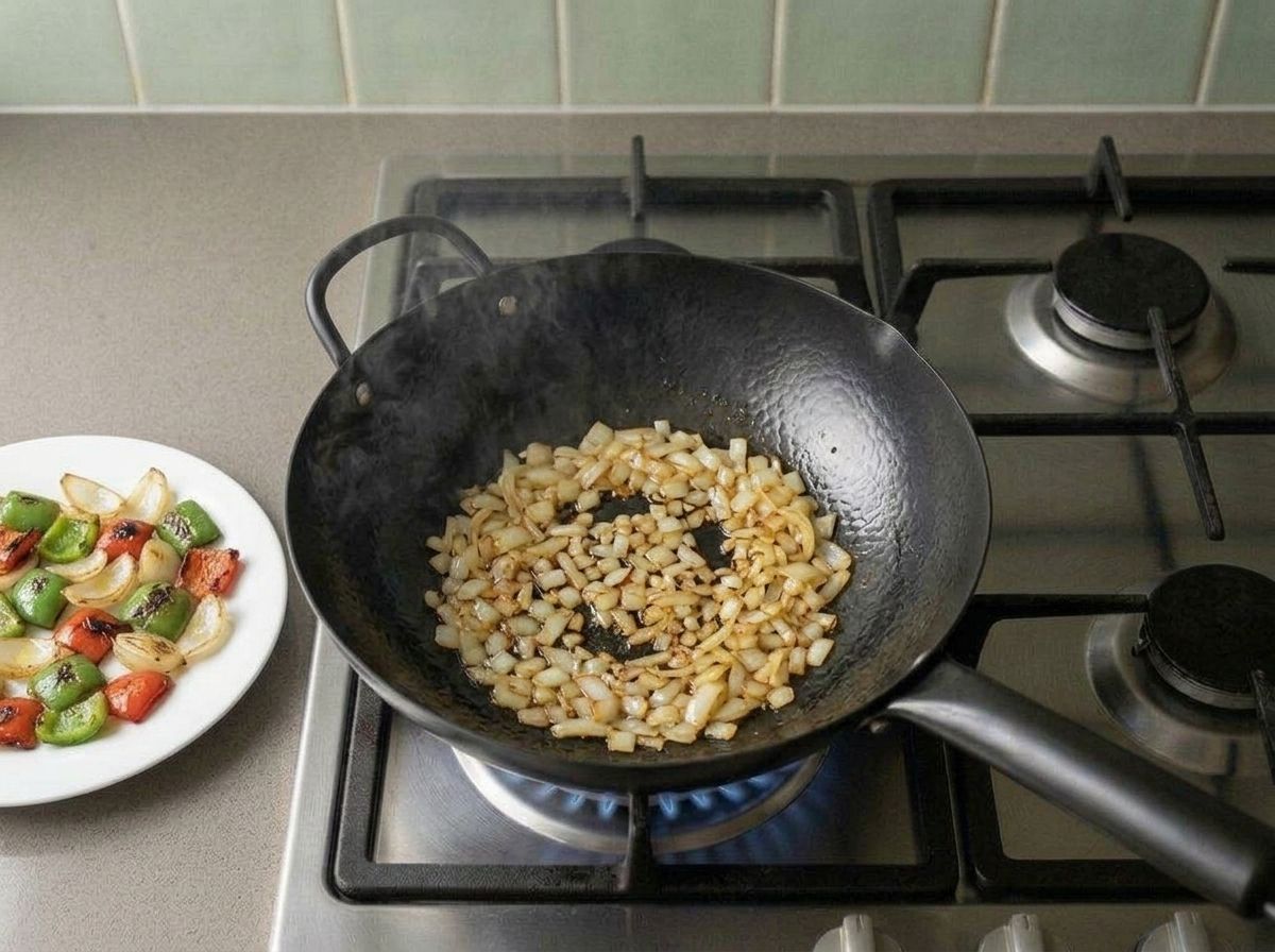Chopped onion browning in the wok, the seared peppers set aside on a plate