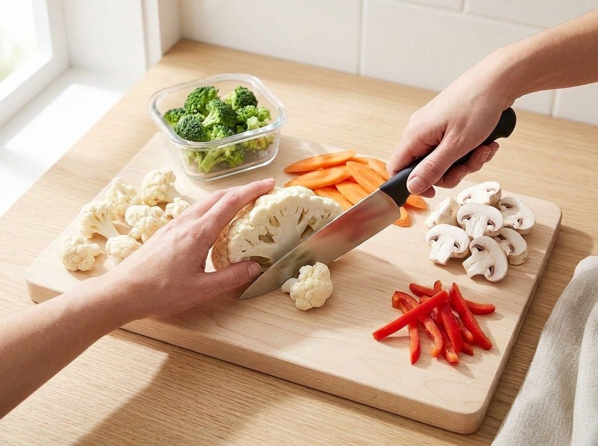 Cutting cauliflower into small florets on a board beside carrots, mushrooms, red pepper and broccoli set aside