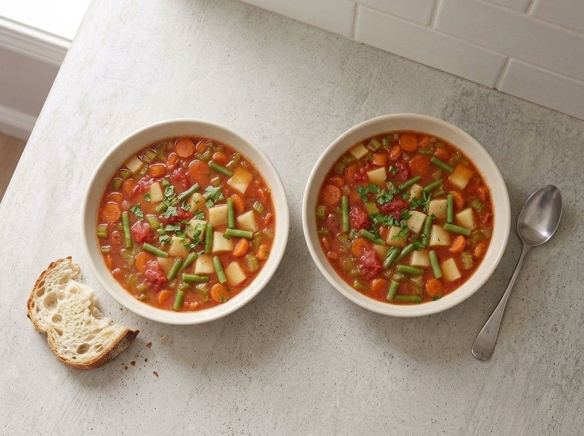 Two bowls of the finished vegetable soup scattered with parsley, served with crusty bread