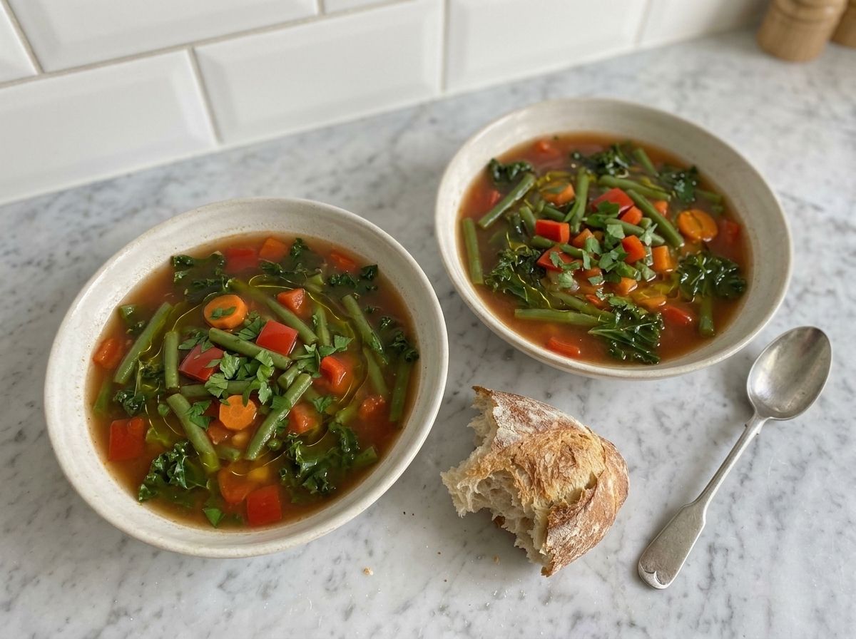 Two bowls of finished vegetable soup with a swirl of olive oil and chopped parsley, crusty bread and a spoon alongside.