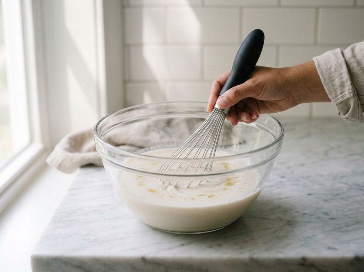 Oil and vanilla being whisked into the soured plant milk in a glass bowl