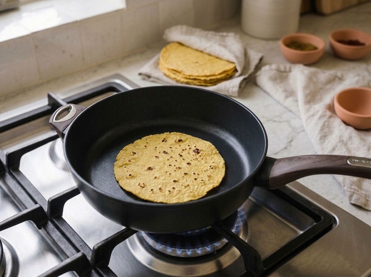 A corn tortilla warming in a dry skillet until freckled with dark brown spots