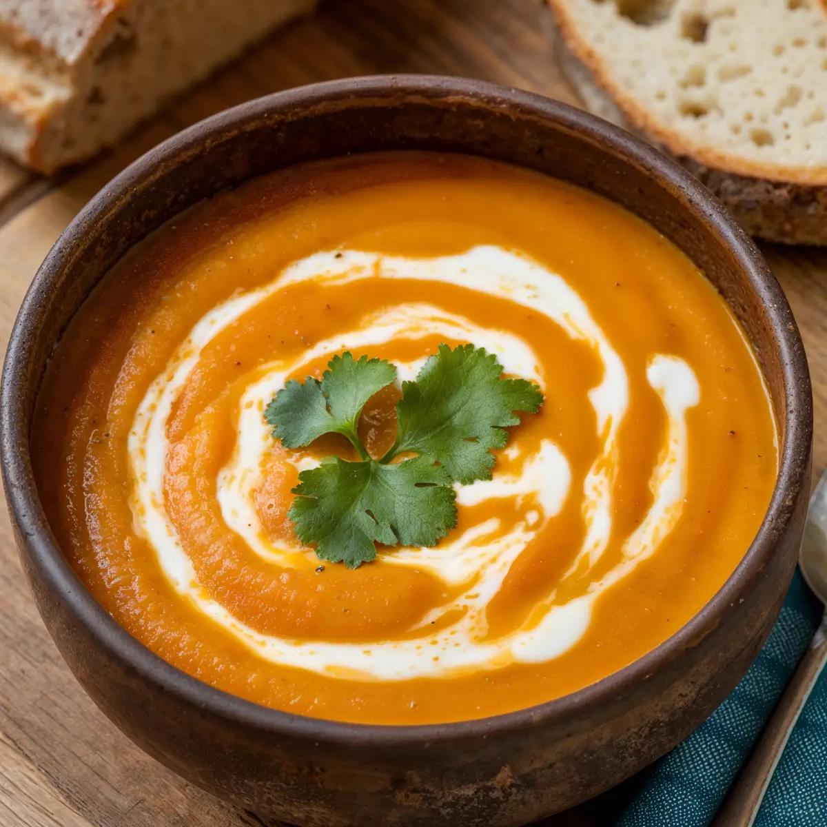 Bowl of creamy winter squash soup garnished with herbs.