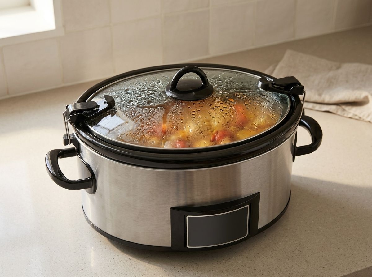 The slow cooker lidded and clamped shut, its glass lid fogged with condensation after hours of cooking, the soup just visible underneath