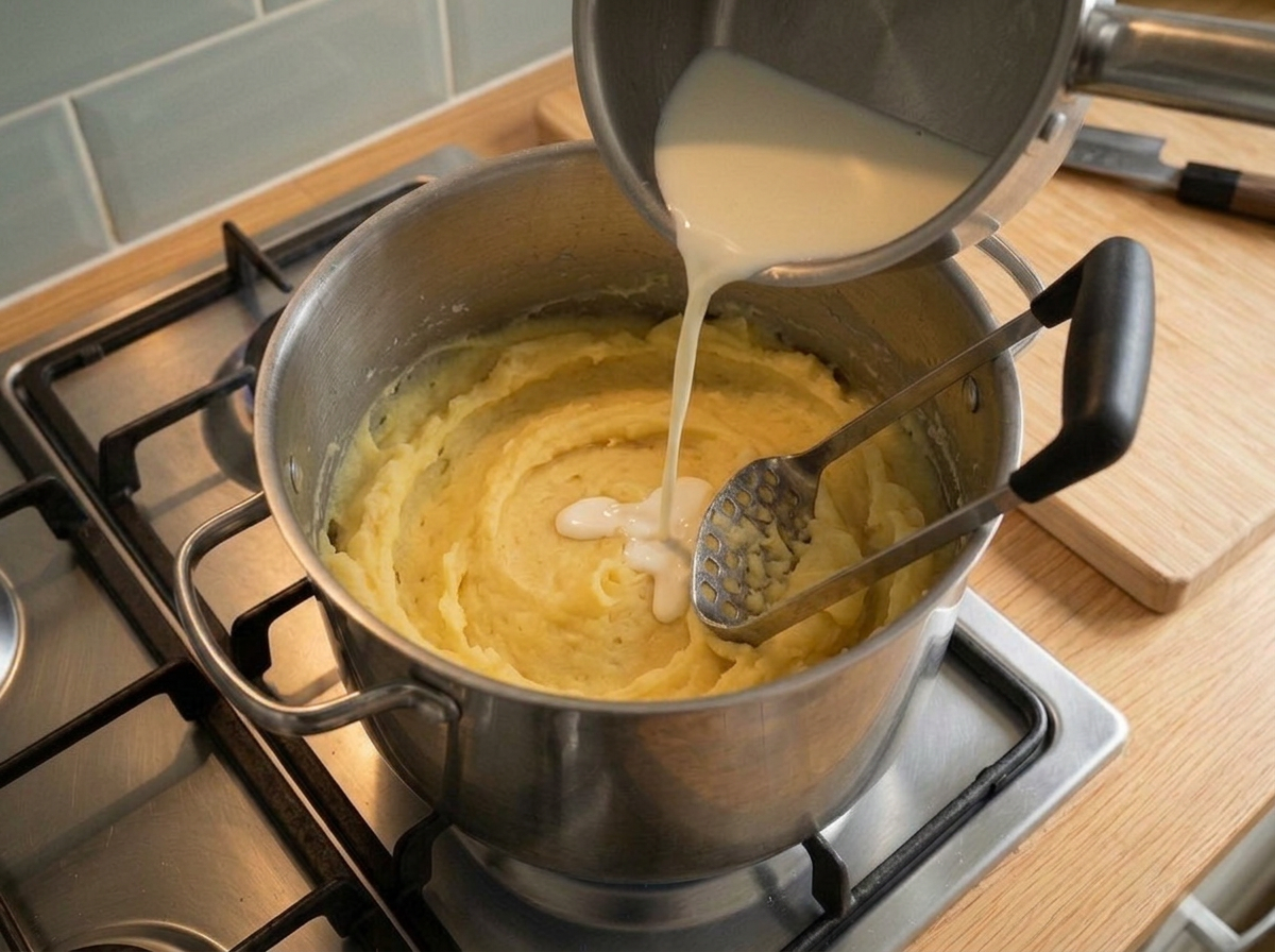 Warm miso oat milk poured from a saucepan into the mashed potatoes.