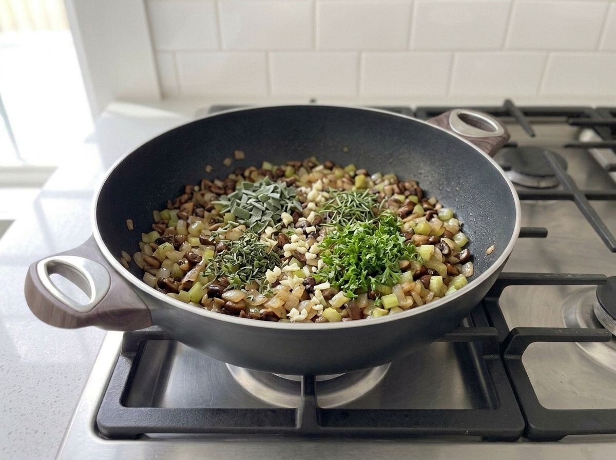 Chopped sage, thyme, rosemary and garlic added to the softened vegetables in the skillet.