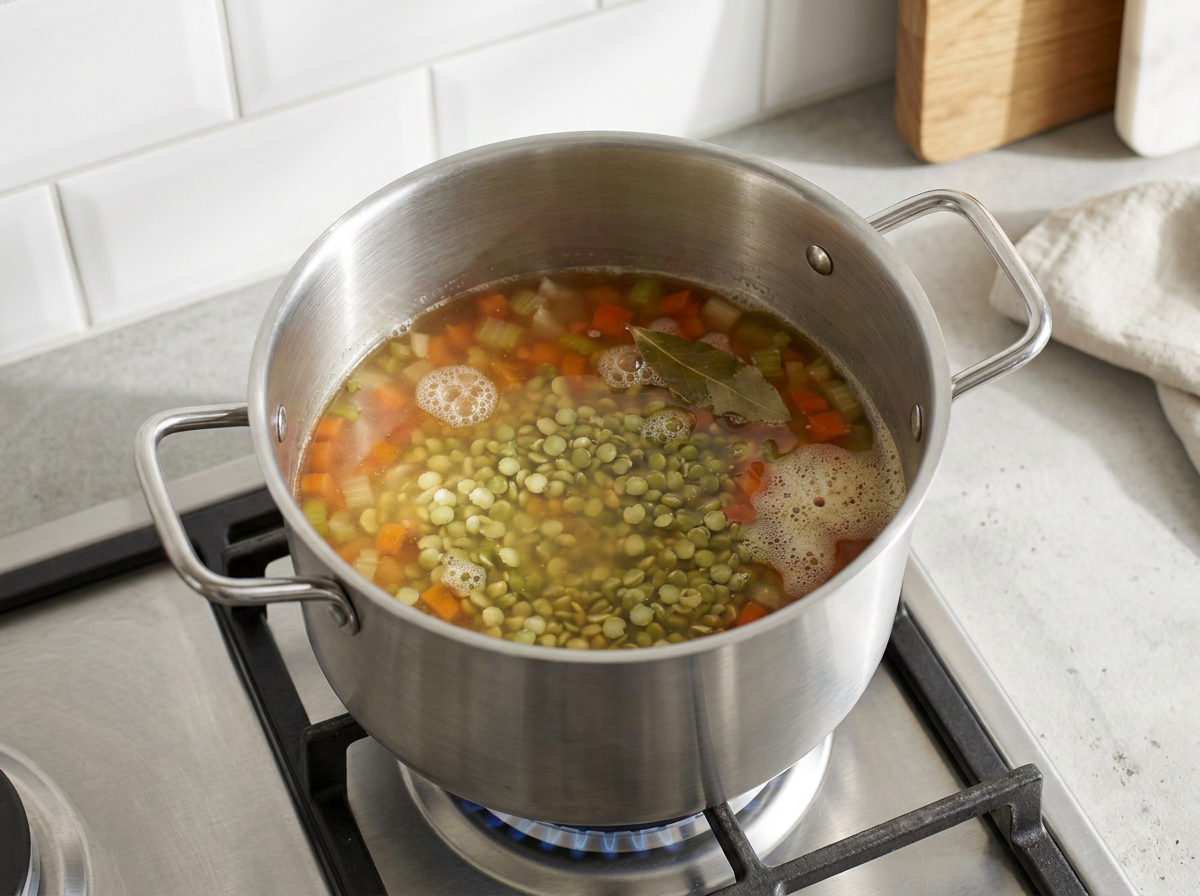 Split peas, broth, thyme and a bay leaf just come to the boil, foam gathering at the side of the pot