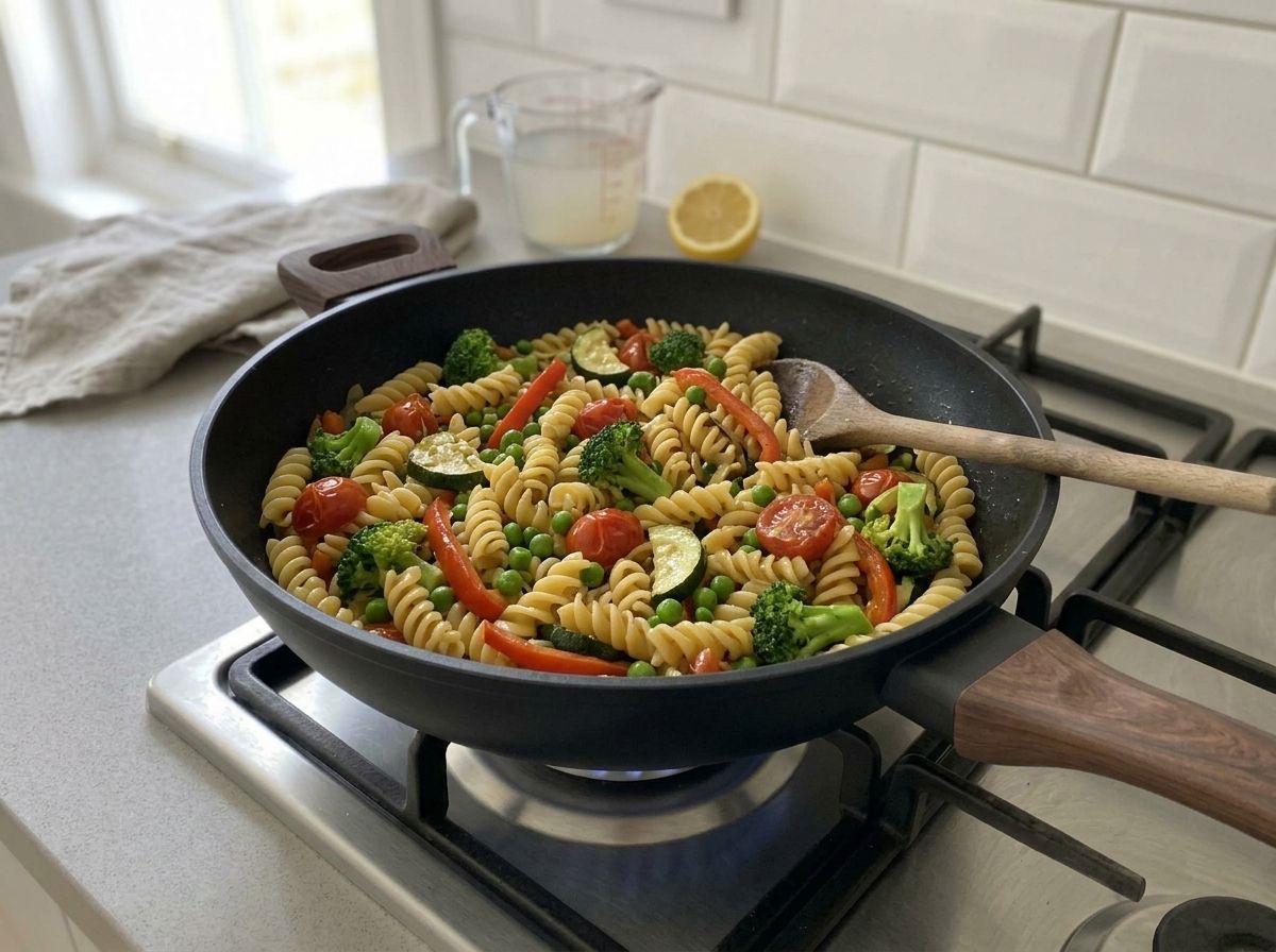 Fusilli, broccoli and peas tossed into the skillet of vegetables, glossy with olive oil and pasta water, with the measuring cup and half a lemon beside the hob