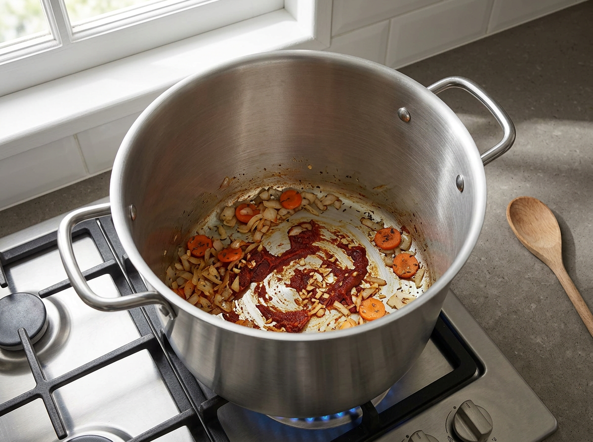 Tomato paste cooked to brick red and stirred through the onion, carrots and garlic
