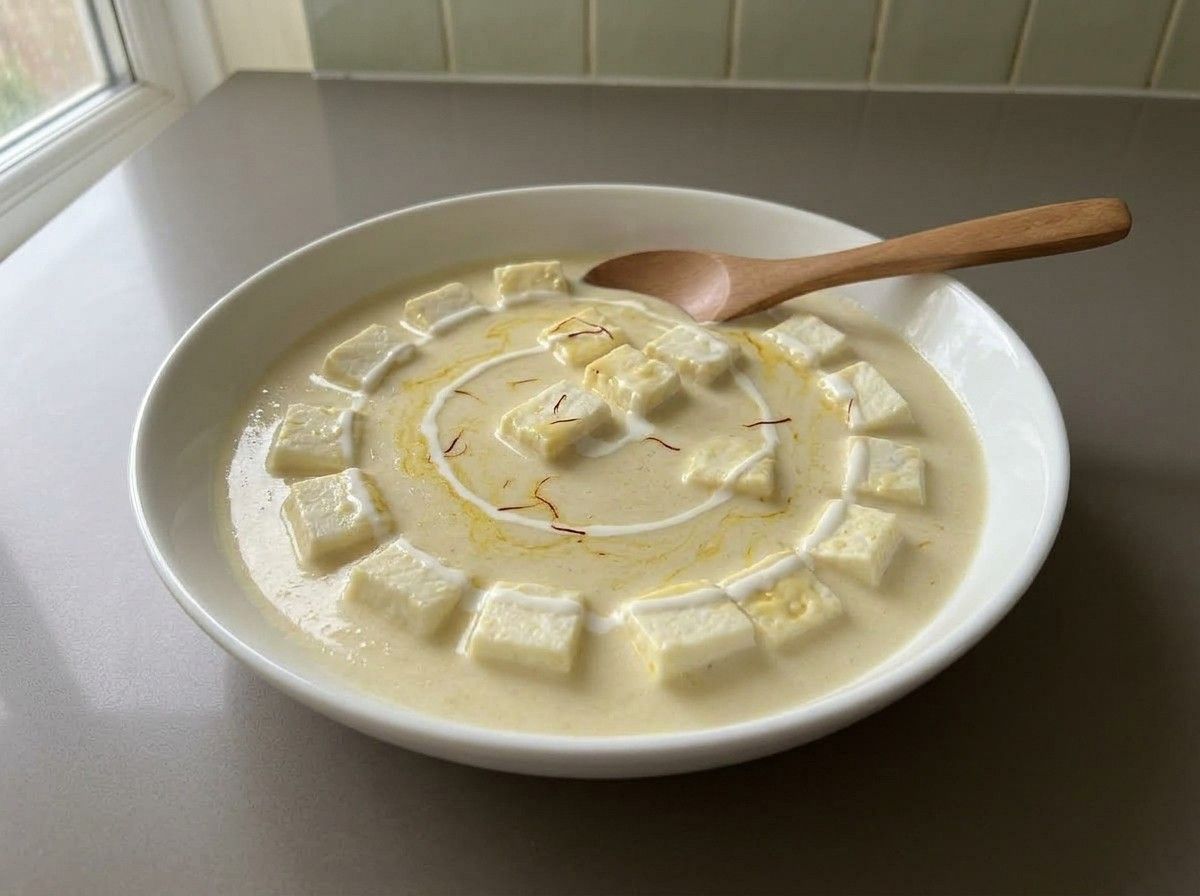 Shahi paneer in a white serving bowl, paneer cubes in a pale ivory saffron gravy with a swirl of cream