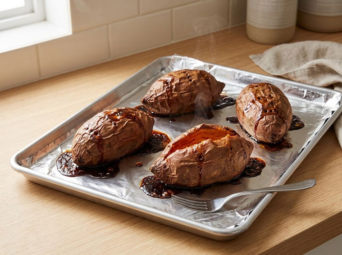 Whole sweet potatoes roasted until collapsed, dark syrup bubbling from the fork holes