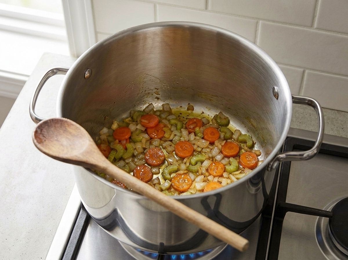 Chopped onion, carrot and celery sweating in olive oil in a stainless steel stockpot, the onion gone soft and translucent