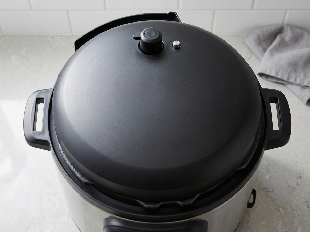 The Instant Pot lid closed and locked with the pressure valve turned to the sealed position