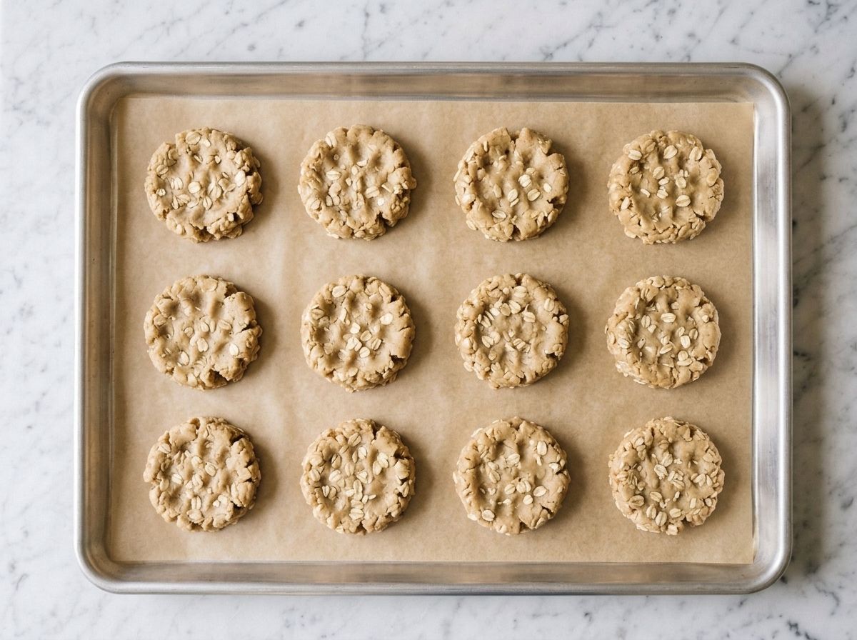 Twelve rounds of oat cookie dough pressed flat on a parchment-lined baking sheet