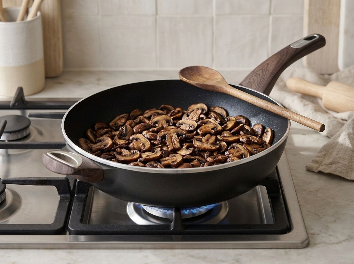 Sliced mushrooms cooked down and deeply browned in a dry skillet over a gas flame.