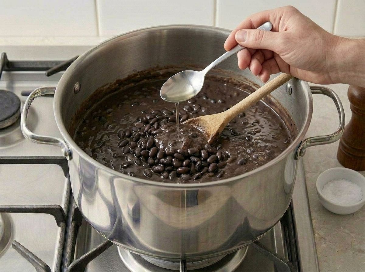 A spoonful of white wine vinegar being stirred into the thickened soup off the heat