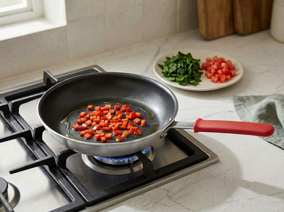 Diced red bell pepper softening in a film of oil in a skillet, with chopped spinach and seeded tomato waiting on a plate alongside