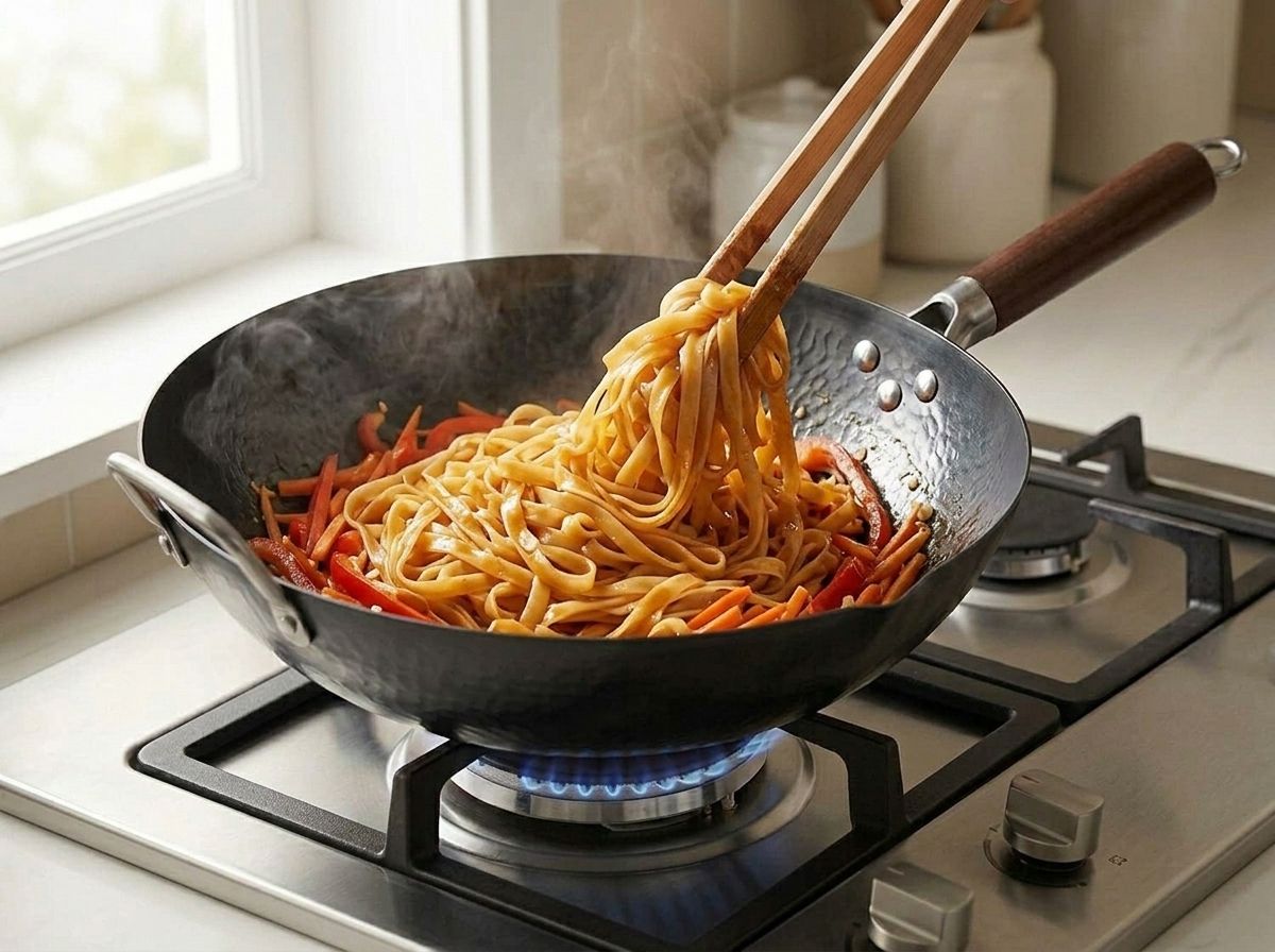 Rice noodles added to the vegetables and tossed until glossy and orange-brown