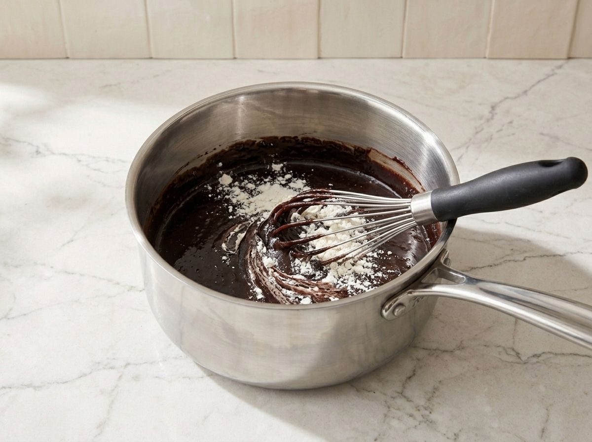 Flour being folded into dark brownie batter in the saucepan, a few pale streaks still showing