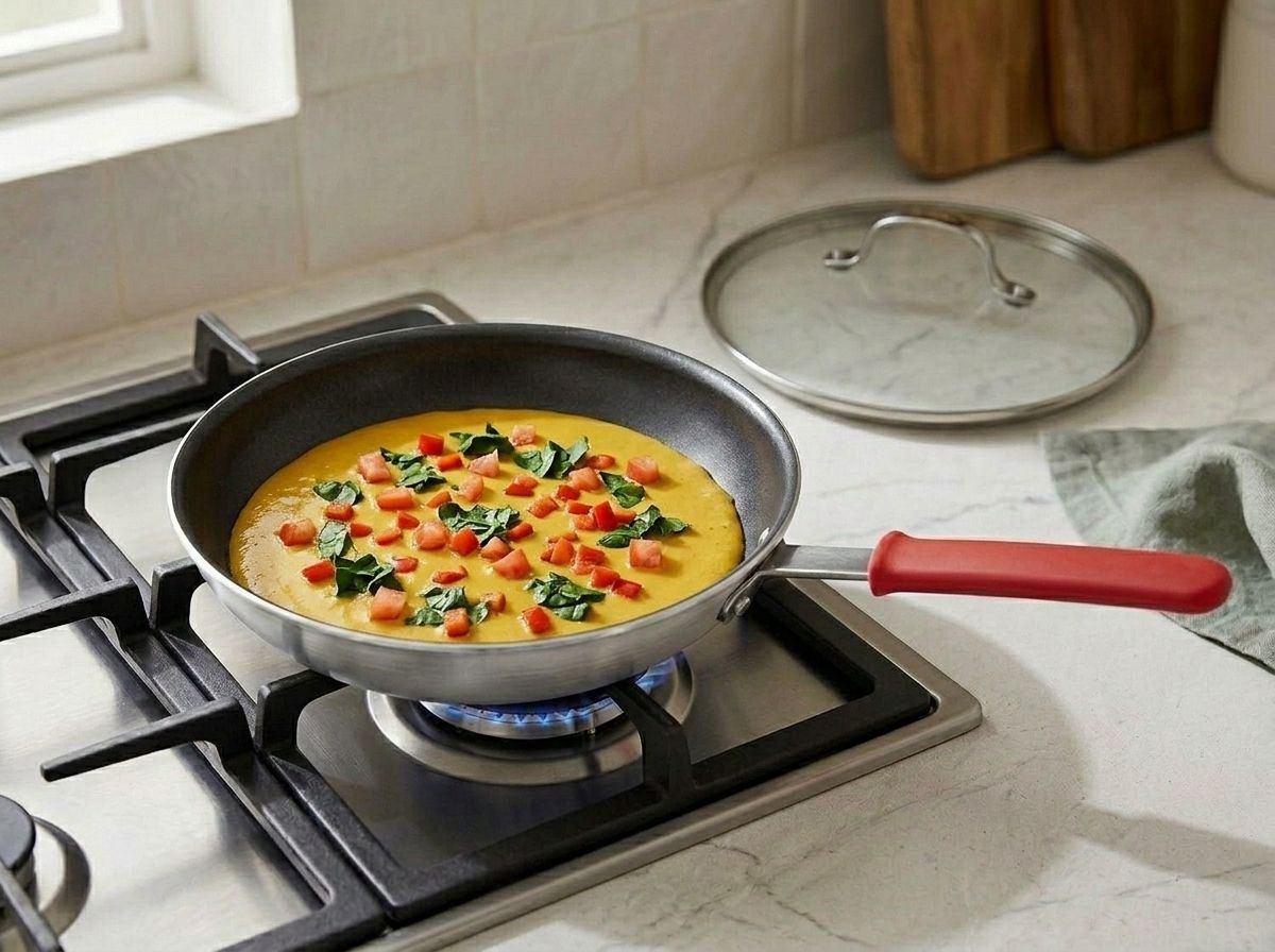 Yellow chickpea batter poured into the skillet with the vegetables scattered over the wet surface, lid waiting to cover the pan