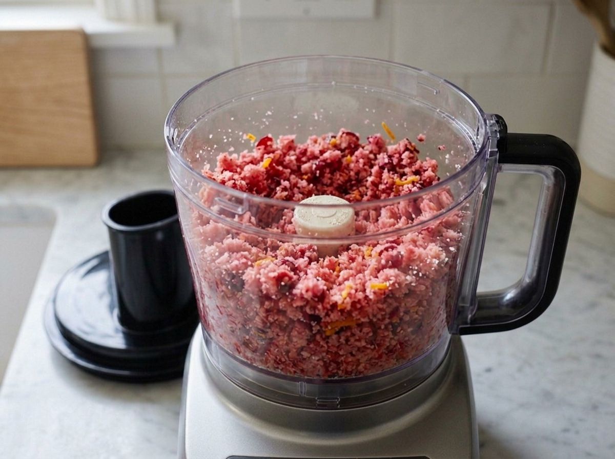 Cranberries pulsed into the chopped orange to a coarse pink crumb with the pieces still distinct