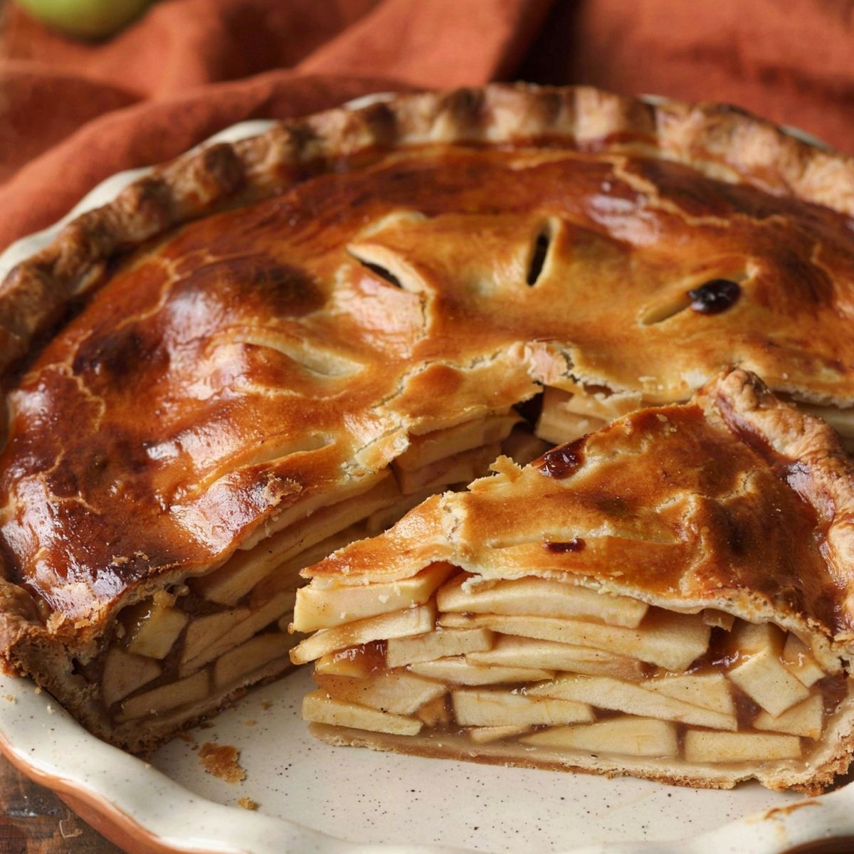 Vegan apple pie in a white speckled ceramic dish with one wedge cut away, the deep golden crust opened to show layers of pale apple slices set in a glossy amber filling