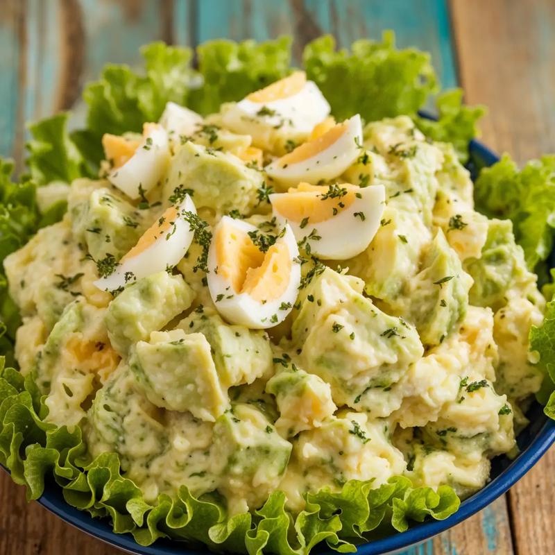 A creamy avocado and egg salad with avocado chunks and chopped eggs, garnished with herbs on lettuce leaves.