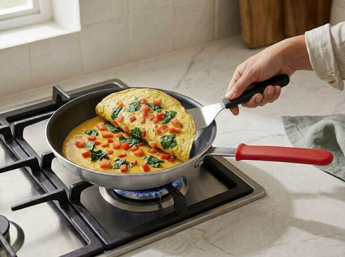 A hand tipping one half of the chickpea omelette up on a spatula, both vegetable-covered faces turned toward each other just before the fold closes