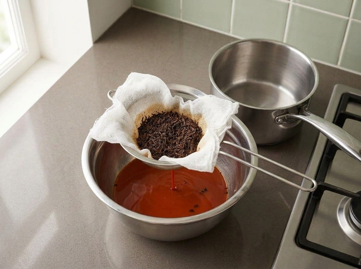 The tea dripping through a cheesecloth-lined strainer into a stainless steel bowl