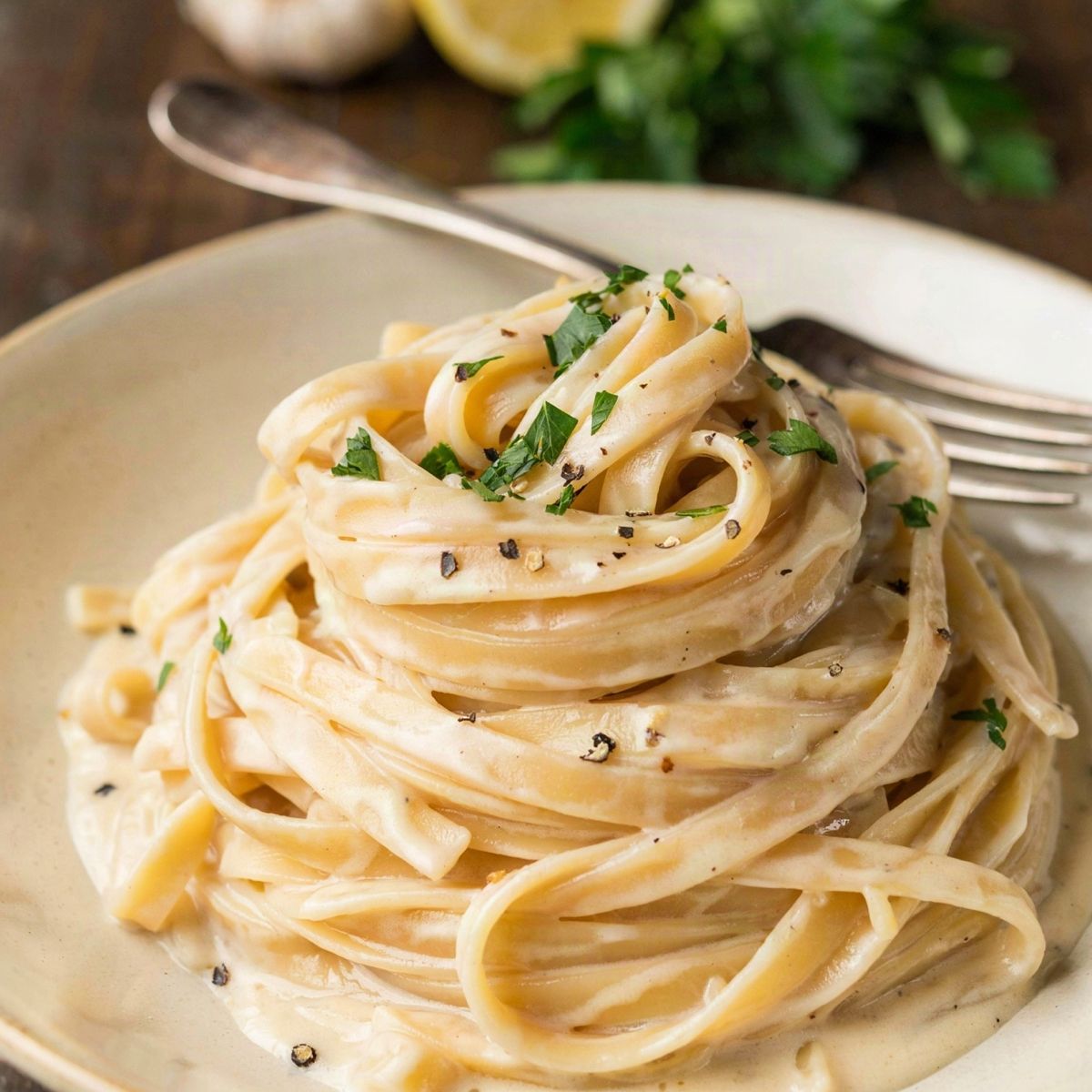 Vegan fettuccine Alfredo in a cream stoneware bowl, long ribbons coated in a glossy pale cashew cream sauce with chopped parsley and cracked black pepper, garlic and lemon behind