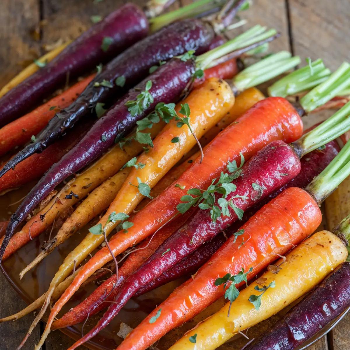 Roasted rainbow carrots glazed with honey, garnished with fresh herbs on a plate.
