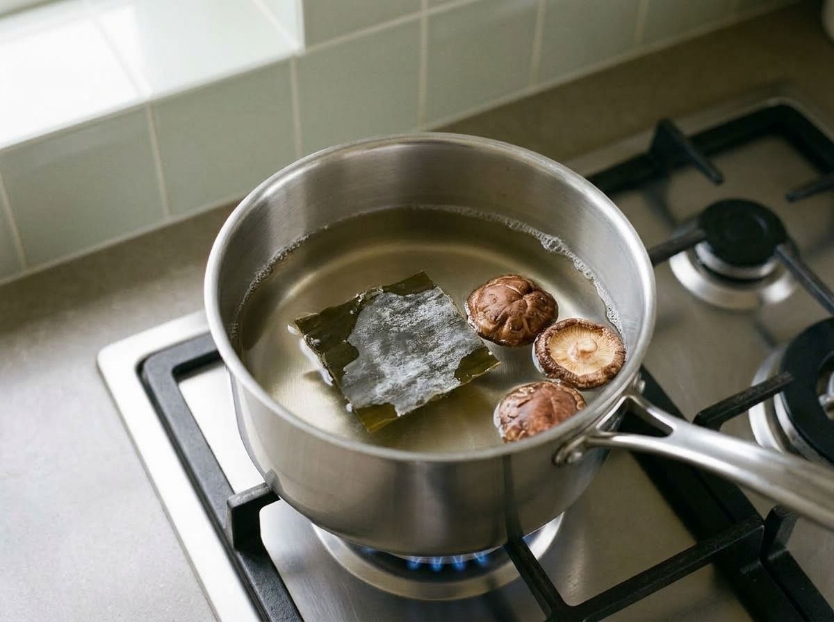 Dried kelp and shiitake mushrooms coming to a bare simmer in a saucepan of water