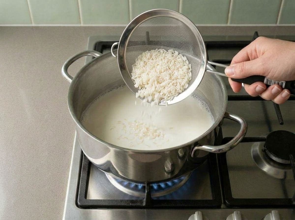 Soaked basmati rice added to the boiling milk, the grains sinking as it simmers