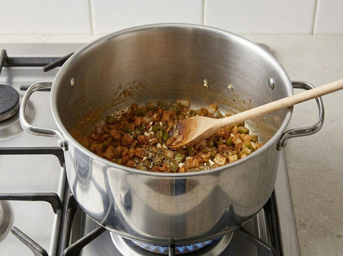 Cumin, smoked paprika and oregano toasting with minced garlic over the softened onion and pepper