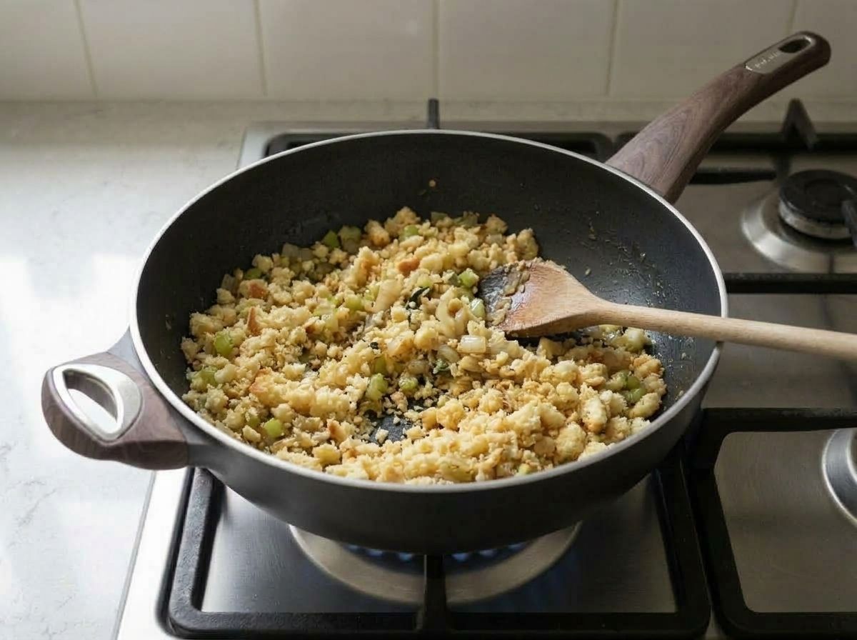 Cornbread crumbs toasting to golden brown in the skillet with the softened vegetables.