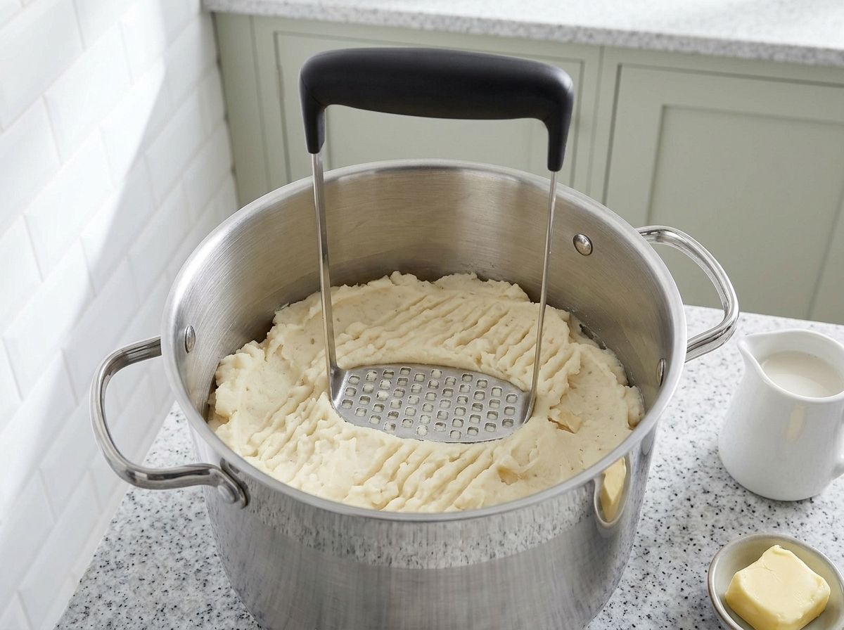 Boiled potatoes being mashed in the pot, with plant milk and vegan butter waiting alongside