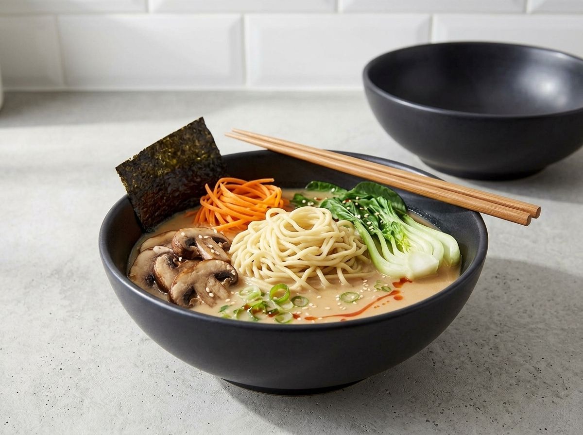 A finished bowl of vegan ramen with noodles, mushrooms, carrot, bok choy and nori in opaque miso broth