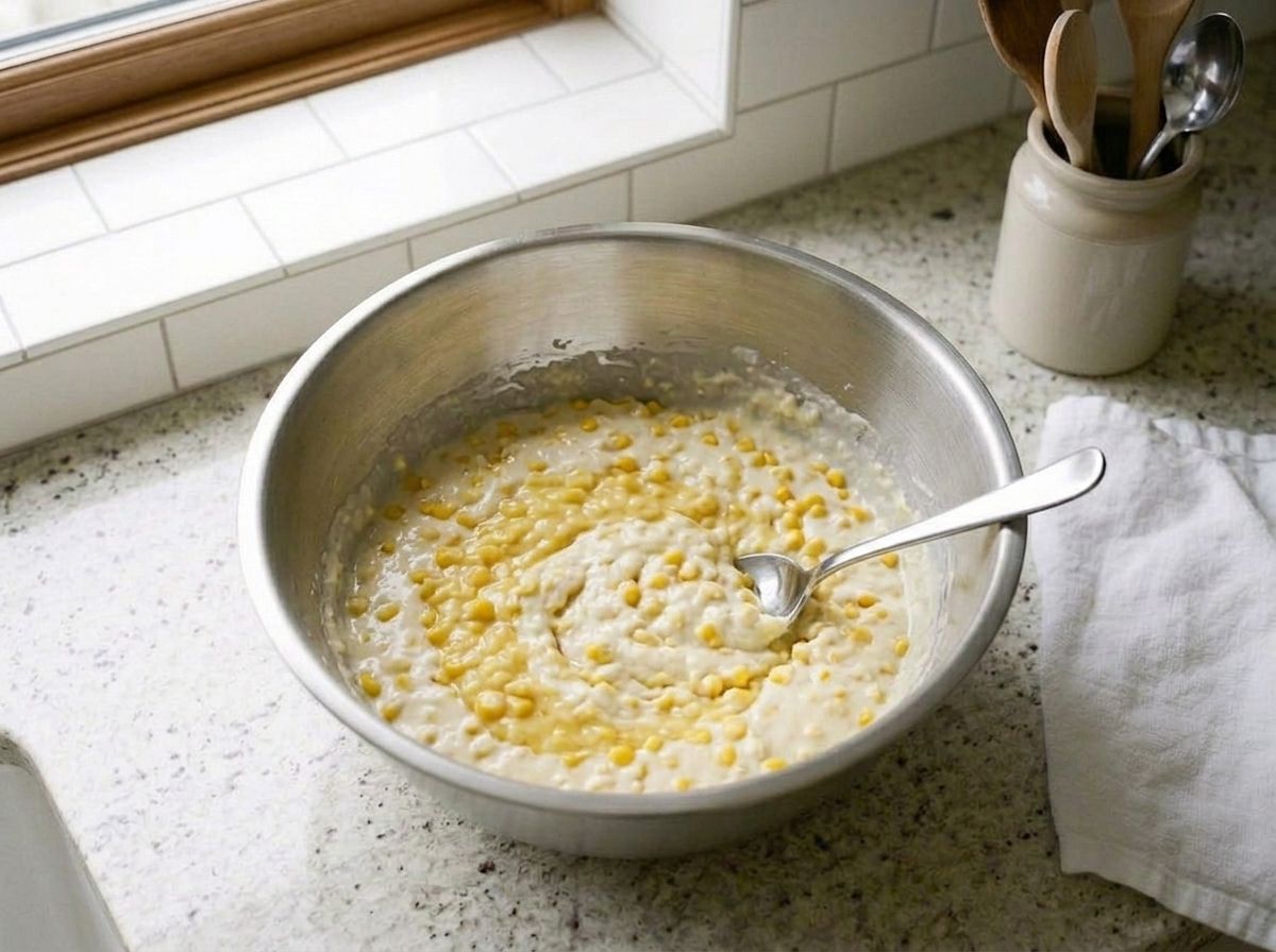 Drained corn kernels and creamed corn stirred through the ivory sour cream batter until evenly spread.