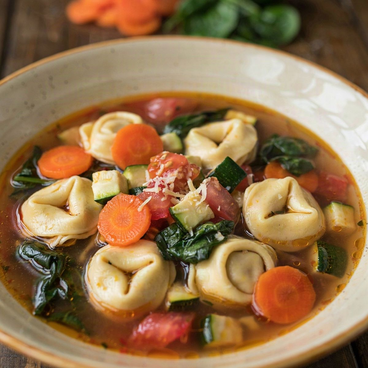 A bowl of meatless tortellini soup: cheese tortellini, carrot discs, zucchini and spinach in a clear tomato broth, topped with grated cheese.