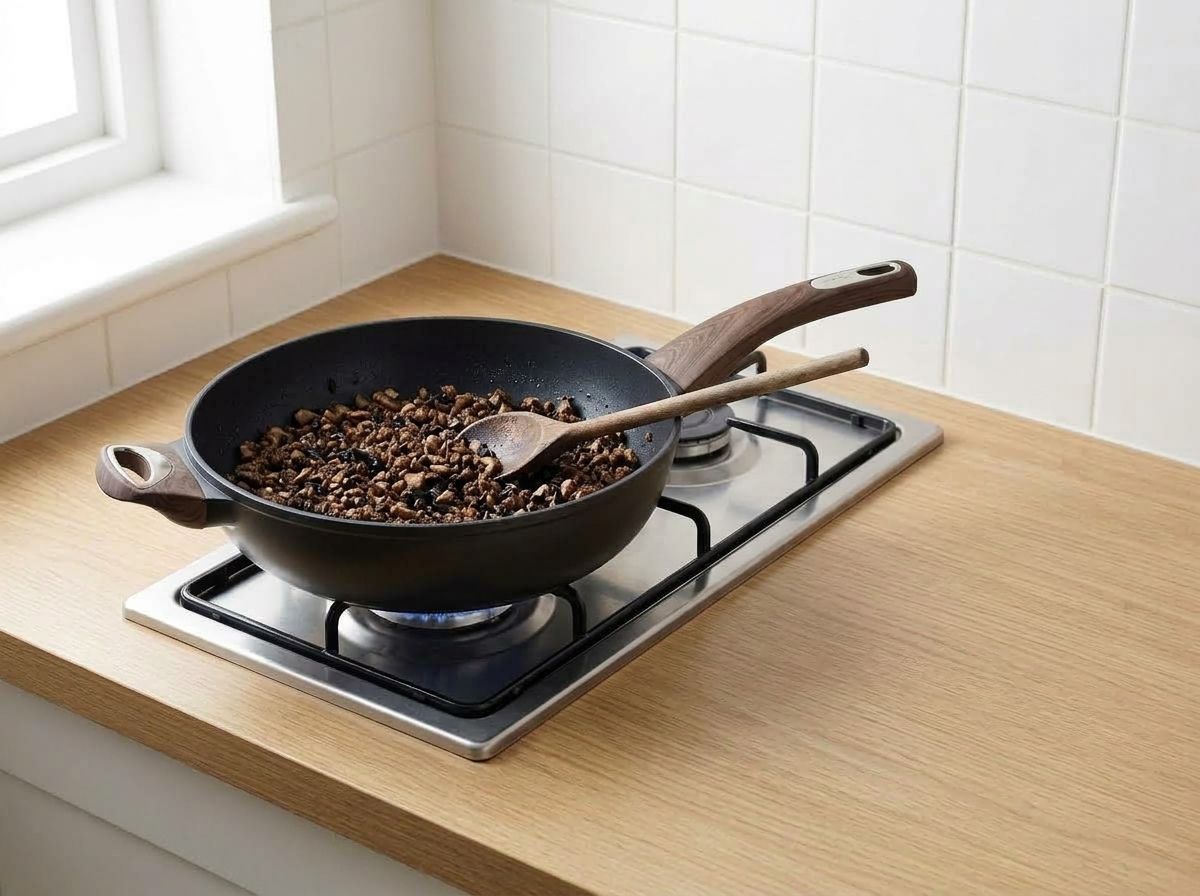 Finely chopped cremini mushrooms cooked dry and dark in the skillet with minced wood ear stirred through