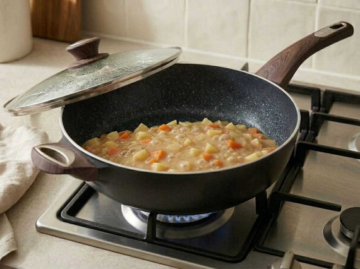 Diced potato and carrot simmering in the thickened sauce under a propped glass lid