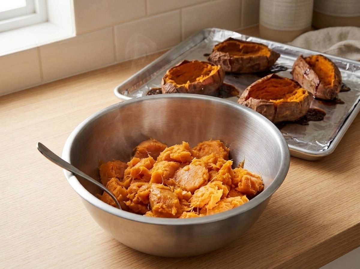 Roasted sweet potato flesh scooped into a steel bowl, empty split skins on the tray behind